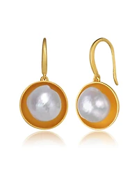 Sterling Silver 14K Gold Plated with Genuine Freshwater Round Pearl Hook Earrings