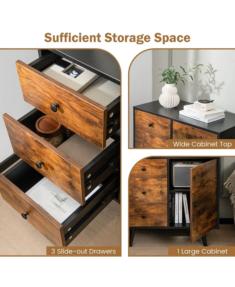 Gouun Mid-Century Wood Storage Cabinet with Door and 3 Drawers