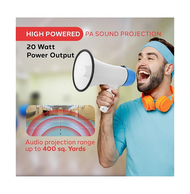 Pyle 20-Watt Portable Megaphone with Siren, MP3 Input, Adjustable Volume, Shoulder Strap, Lightweight White Bullhorn