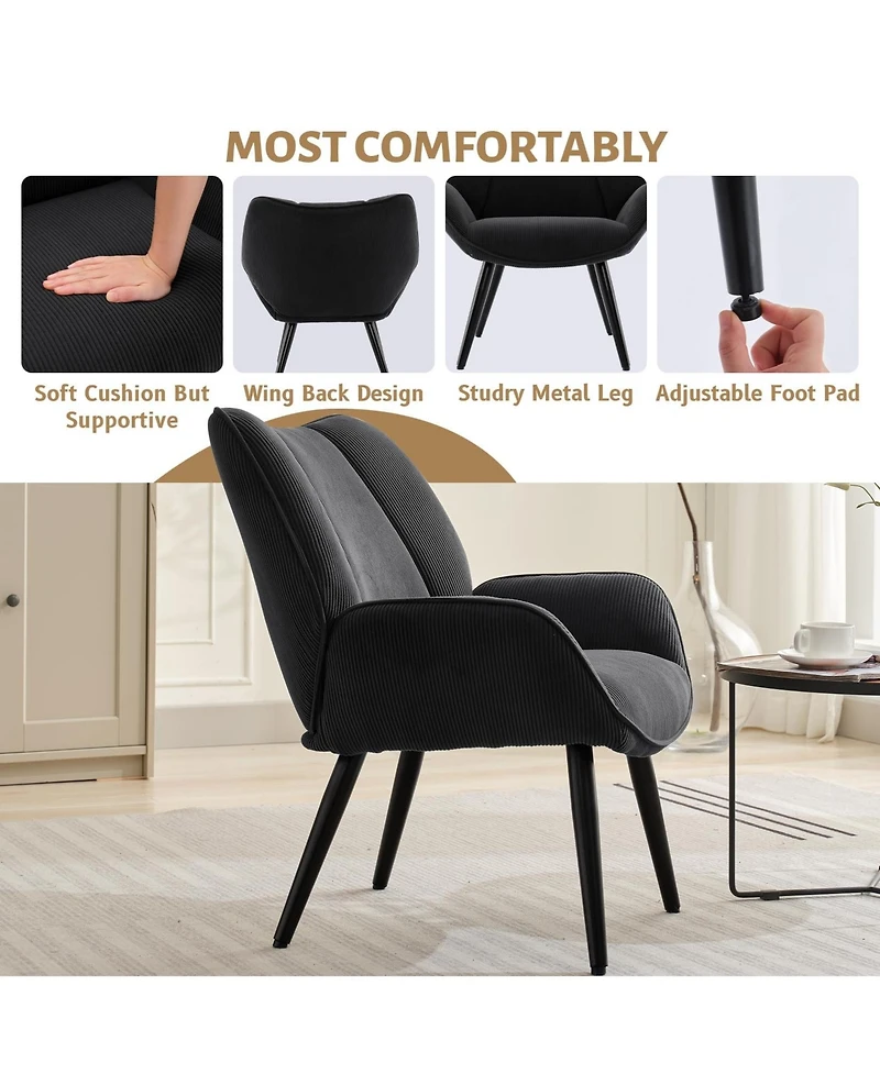 Modern Mid-Century Accent Armchair, Comfortable Single Sofa for Living Room, Bedroom, or Office, Corduroy Upholstered Reading Chair with Wingback Arms