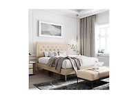 Platform Bed with Adjustable Headboard – Upholstered Frame, Wood Slats, and Modern Low-Profile Design