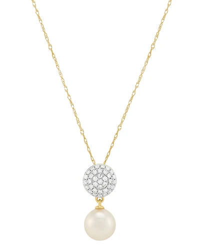 Honora Cultured Freshwater Pearl (7-1/2mm) & Diamond (1/4 ct. t.w.) Cluster Drop 18" Pendant Necklace in 14k Gold