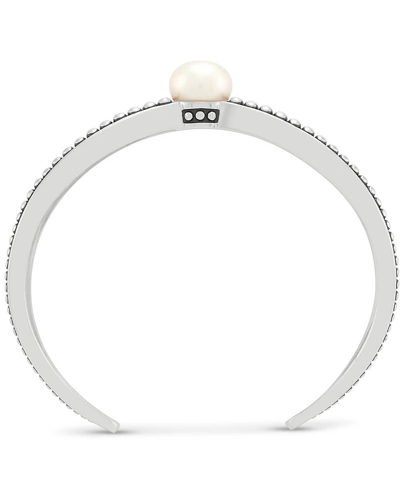 Cultured Freshwater Pearl (10-1/2mm) X Cuff Bangle Bracelet in Sterling Silver
