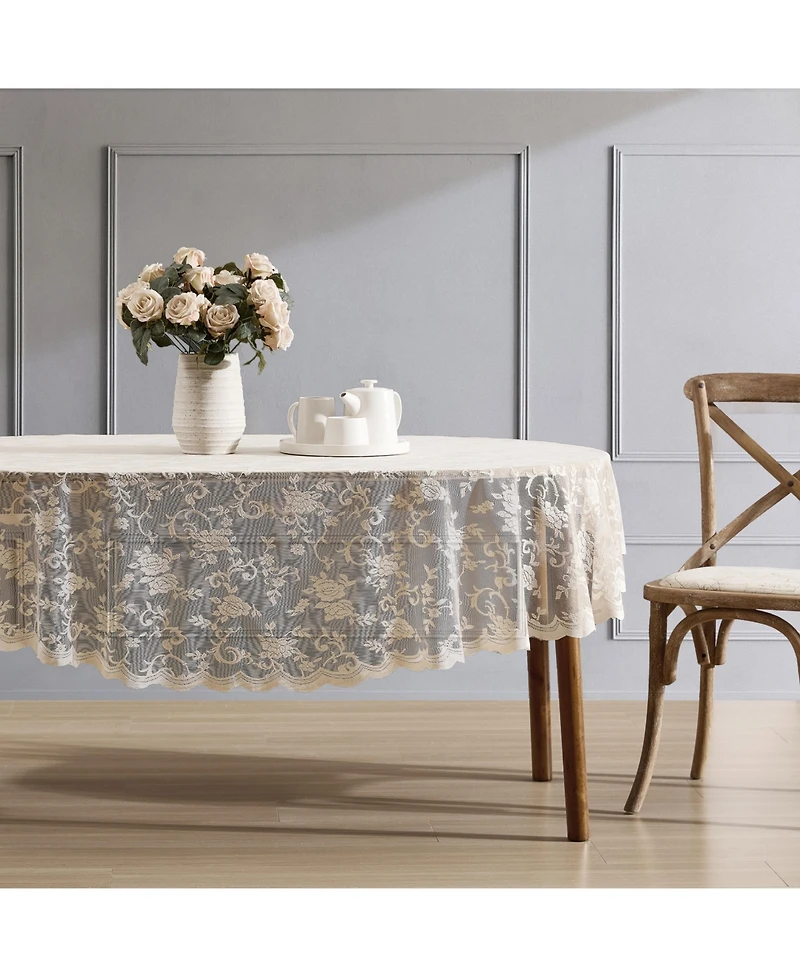 Hlc.me Harper Floral Lace Fabric Tablecloth, Lace Fabric Table Cloth for Oval Tables, Wrinkle Resistant Tablecloth, Patterned Scalloped Tablecloth (60
