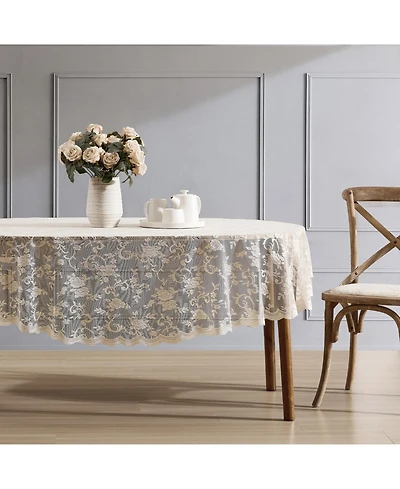 Hlc.me Harper Floral Lace Fabric Tablecloth, Lace Fabric Table Cloth for Oval Tables, Wrinkle Resistant Tablecloth, Patterned Scalloped Tablecloth (60