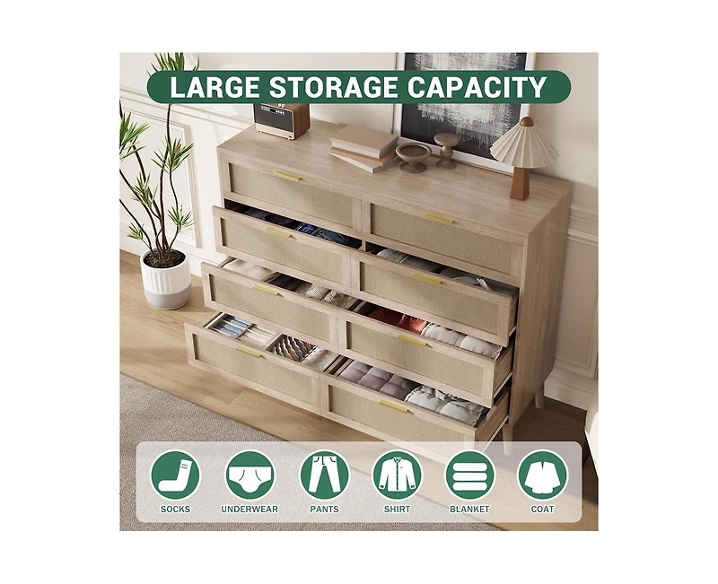 gaomon 8 Drawer Rattan Dresser, 47.2" x 15.7" x 37" Rattan Chest of Dressers, Mid Century Modern Dresser for Closet with Handles, Large Table Top, Dre