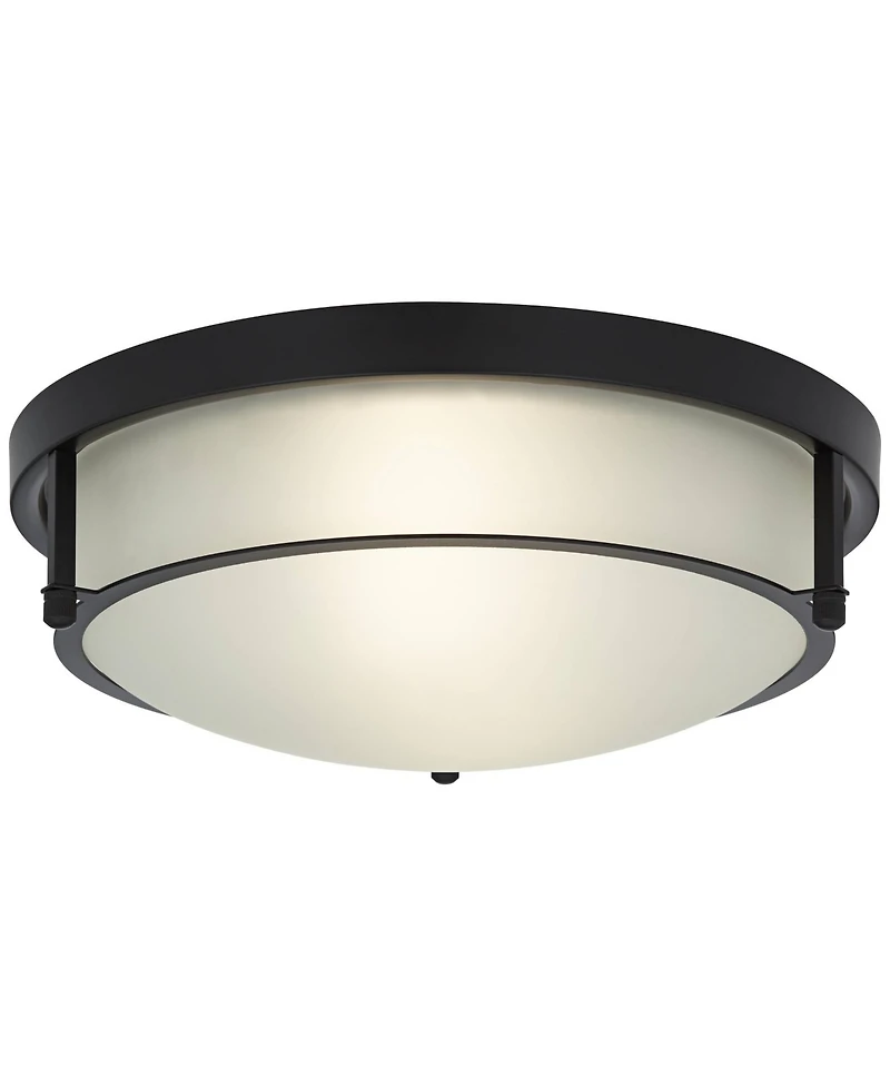 Possini Euro Design Encina 13" Modern Industrial Flush-Mount Ceiling Light Fixture Kitchen Foyer Hallway Round Black White Glass