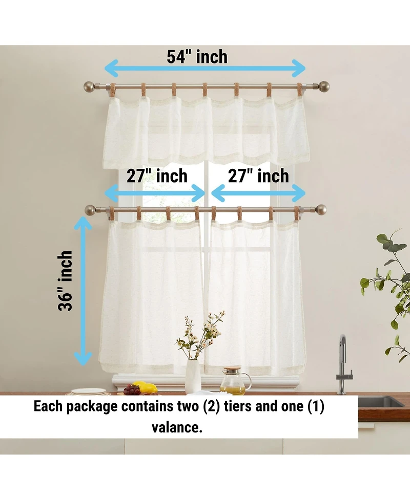Hlc.me Lena Burlap Flax Linen Semi Sheer 3 Piece Kitchen Curtains Set, Light Filtering Transparent Window Tab Top Valance + Tiers Set (Natural Linen)