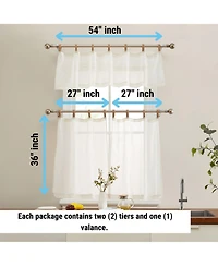 Hlc.me Lena Burlap Flax Linen Semi Sheer 3 Piece Kitchen Curtains Set, Light Filtering Transparent Window Tab Top Valance + Tiers Set (Natural Linen)