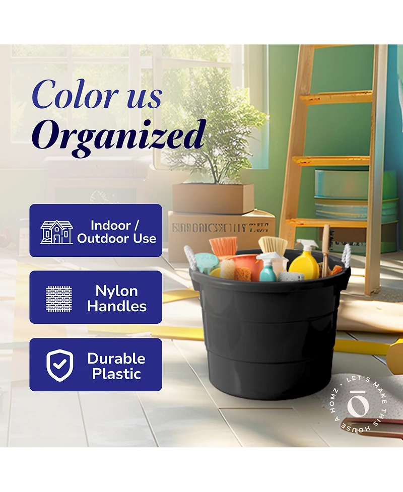Homz 17 Gal Plastic Open Storage Round Utility Tub with Handles, Black (2 Pack)