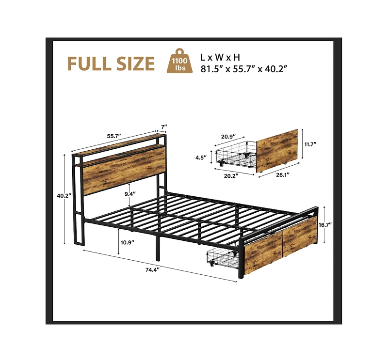 Metal Bed Frame with 2 Storage Drawers and Led Rgb Led light