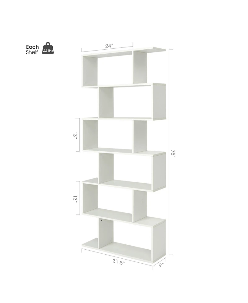 Gouun 6 Tier S-Shaped Bookshelf Storage Display Bookcase Decor Z-Shelf