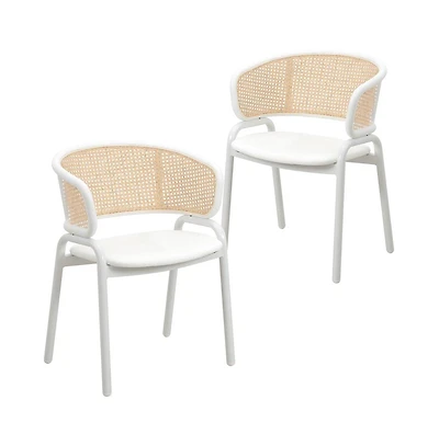 LeisureMod Dining Chair with White Powder Coated Steel Legs and Wicker Back, Set of 2