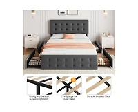 gaomon Queen Size Bed Frame with 4 Storage Drawers and Headboard, Linen Upholstered Platform Bed Frame with Wooden Slats Support, Button Tufted Design
