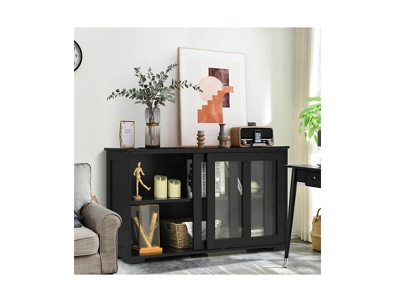 Wood Storage Cabinet with Glass Sliding Doors – Buffet Sideboard for Kitchen, Dining Room, or Living Room