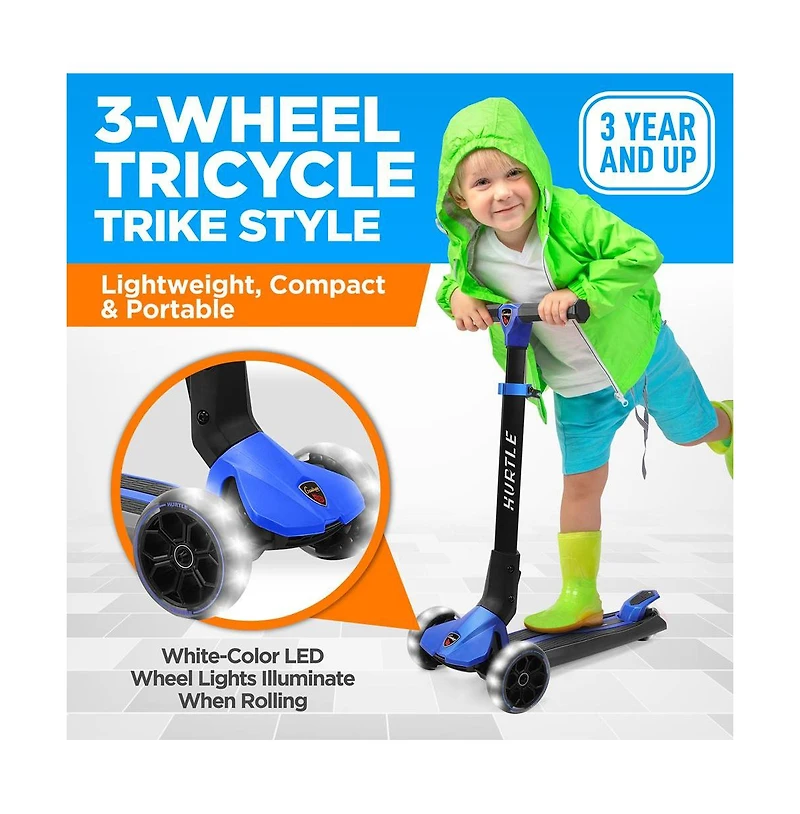 Hurtle 3-Wheel Foldable Kids Scooter With Led Wheel Lights - Blue