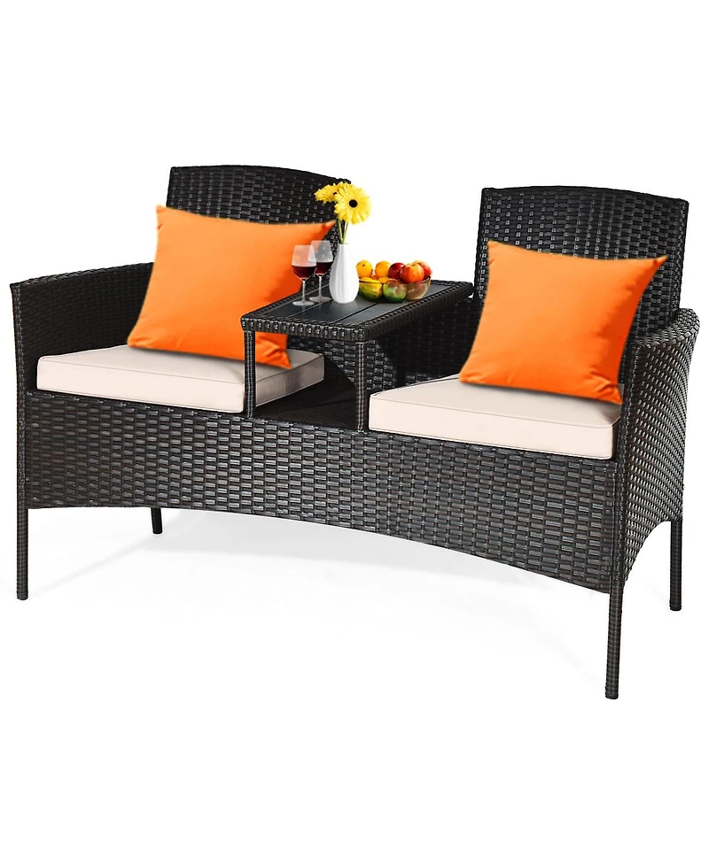 Gymax Patented Cushioned Rattan Wicker Patio Conversation Set Loveseat Table