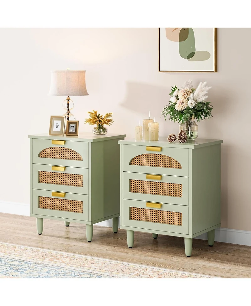 Tribesigns Nightstand Set of 2, 3-Drawer Rattan Night Stand Side Table, Accent Bedside Tables End Table for Bedroom and Small Spaces, Easy Assembly (2