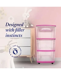 Homz Plastic 3 Drawer Medium Storage Container Tower, Clear Drawers/Purple Frame