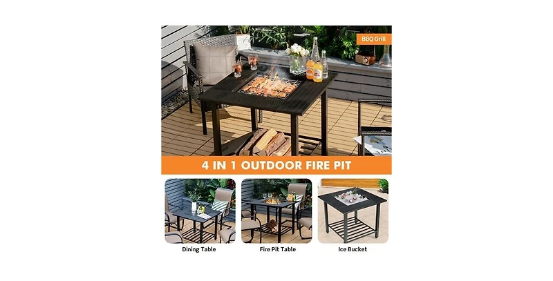 Slickblue 4 in 1 Square Fire Pit, Grill Cooking Bbq Grate, Ice Bucket, Dining Table