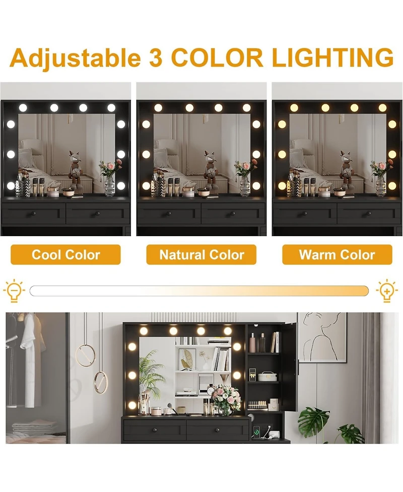 gaomon Makeup Vanity Stool Set, Small Desk with Lighted Mirror, Charging Station, 5 Drawers