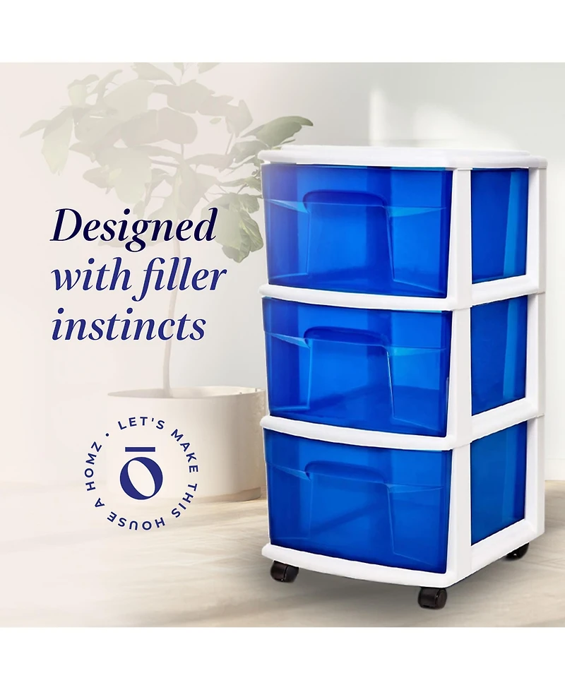 Homz Plastic 3 Drawer Medium Storage Container Tower, Blue Drawers/White Frame