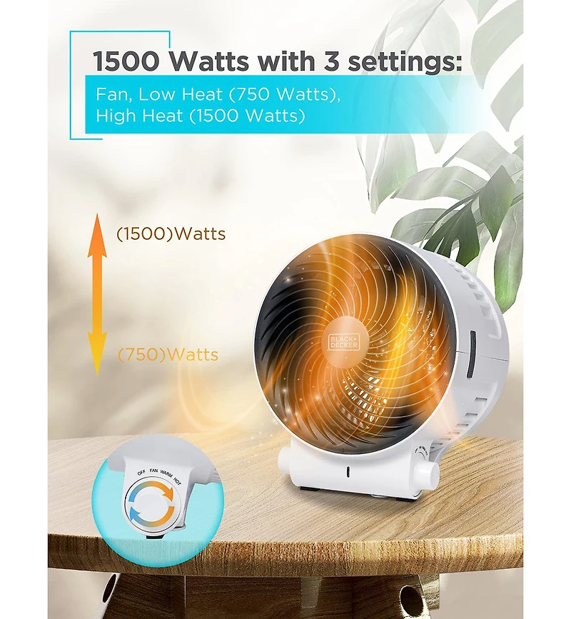 Black+Decker Dual Function Desktop Heater & Fan, 3 Settings, 750W/1500W Space Heate, White