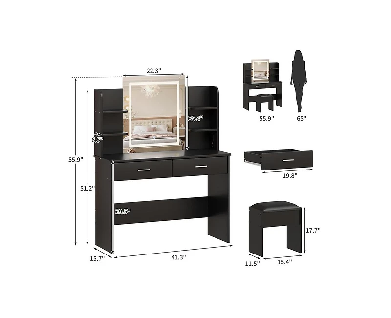 gaomon Vanity Desk with Mirror and Lights, Makeup Vanity Set w/Desk and Stool, Power Outlet, Makeup Vanity Desk with 6 Storage Shelves