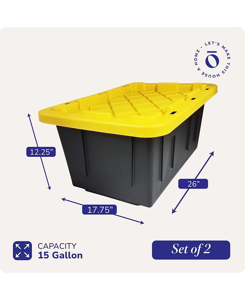 Homz 15 Gallon Durabilt Home Storage Container w/Snap Lid, Black/Yellow(2 Pack)