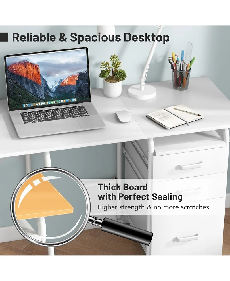 Gouun Folding Computer Desk with Wheels and 3 Drawers for Home Office and Study