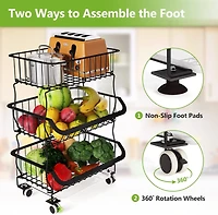 Tribesigns Fruit Vegetable Basket, 3 Tier Stackable Metal Wire Basket Cart with Rolling Wheels, Utility Rack for Kitchen, Pantry, Garage, with 2 Free
