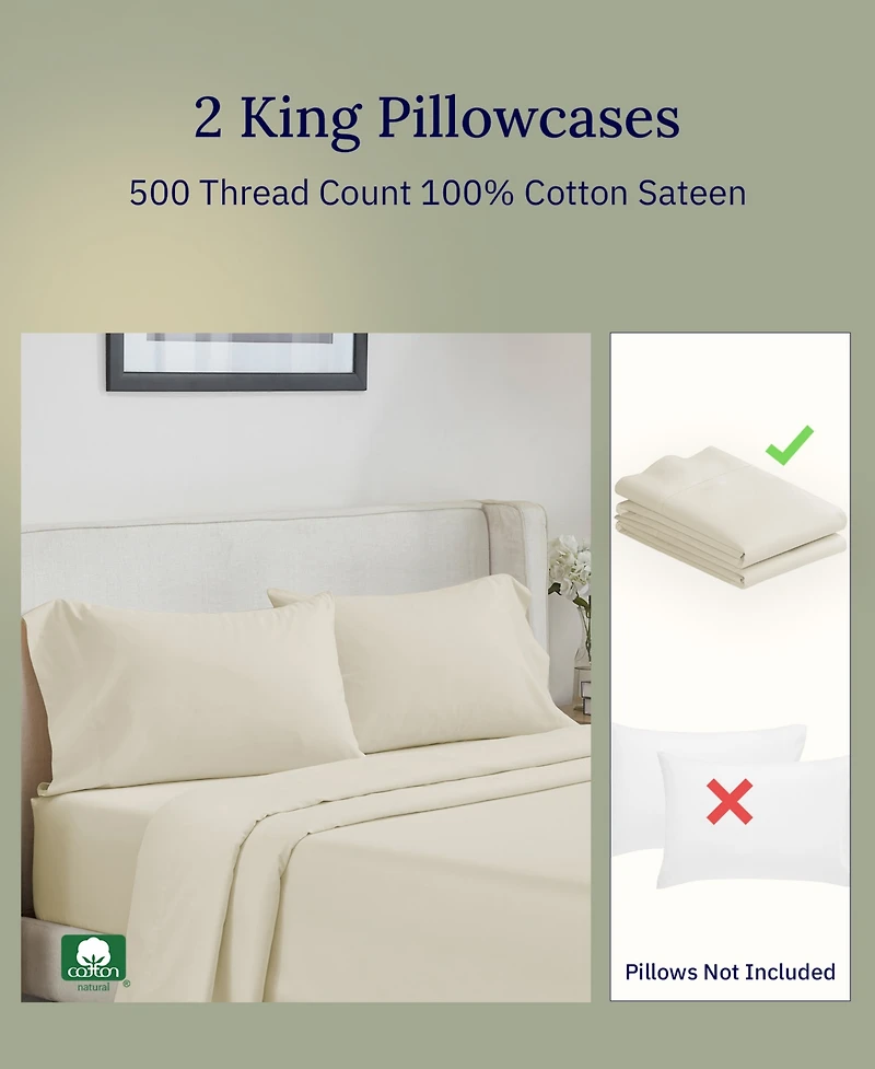 King 100% Cotton 500 Thread Count Pillow Cases, Size, Soft and Silky, Cool Smooth by California Design Den