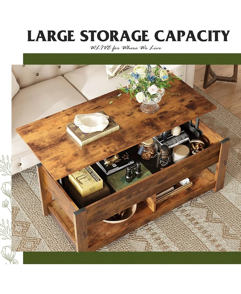 Wlive Coffee Table, 47" Lift Top Coffee Table with Hidden Compartment and 2 Storage Shelves for Living Room