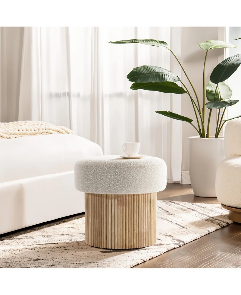 LuxenHome Modern Upholstered Ivory Footstool with Storage and Wood Fluted Base