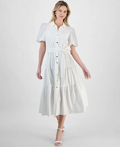 T Tahari Women's Puff-Sleeve Belted Tiered Dress