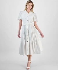 T Tahari Women's Puff-Sleeve Belted Tiered Dress