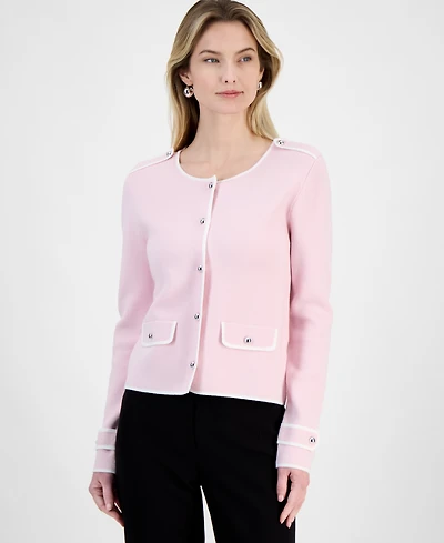 T Tahari Women's Contrast Trim Button-Front Cardigan