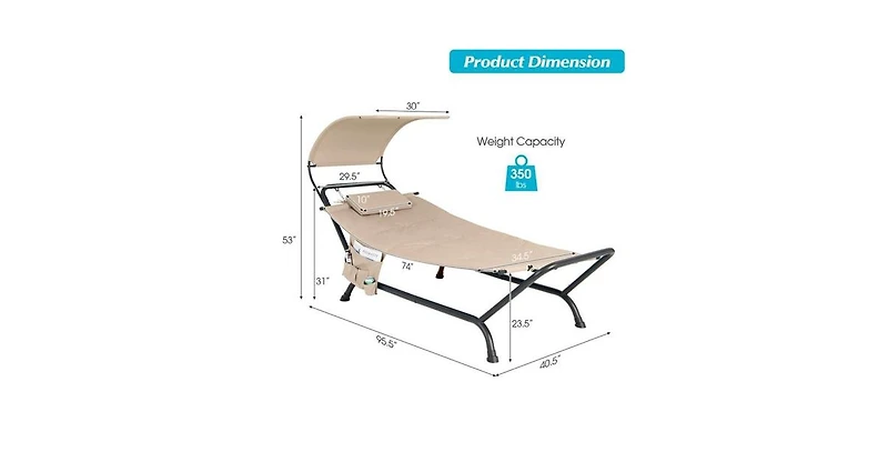 Slickblue Outdoor Tan Hammock Style Chaise Lounge Chair Cot with Canopy and Storage Bag