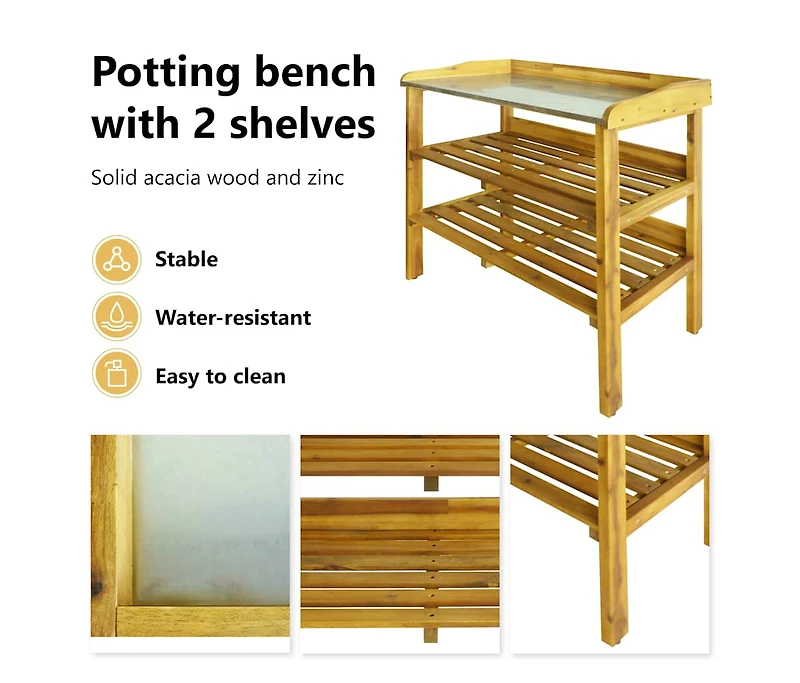 Potting Bench with 2 Shelves Solid Acacia Wood and Zinc
