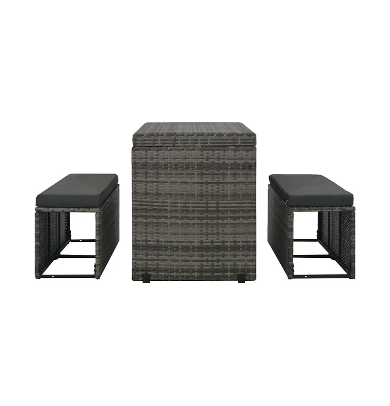vidaXL 3 Piece Patio Dining Set with Cushions Poly Rattan Gray