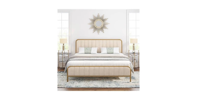 Metal Platform Bed with Gold Finish and Upholstered Headboard – Stylish Frame with Slats for Mattress Support