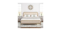 Metal Platform Bed with Gold Finish and Upholstered Headboard – Stylish Frame with Slats for Mattress Support