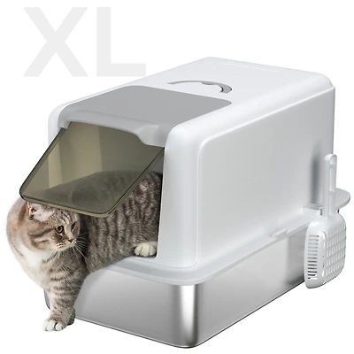PawHut 2 in 1 Stainless Steel Cat Litter Box with Removable Lid,