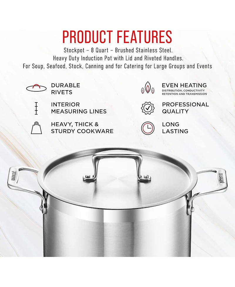 Bakken-Swiss 8-Quart Brushed Stainless Steel Stockpot with Lid – Heavy-Duty Induction Pot with Riveted Handles – Ideal for Soup, Seafood