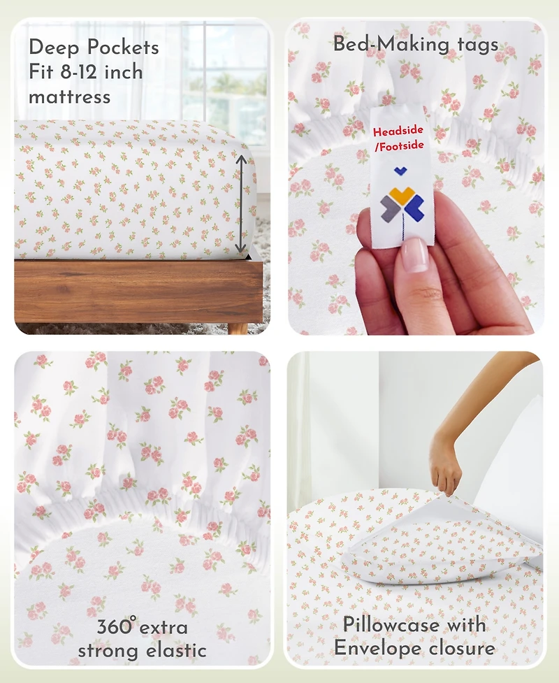 Twin Floral Sheet Set, Soft 100% Cotton Sateen, 3 Pc Deep Pocket Sheets & Pillowcase Set - Chic