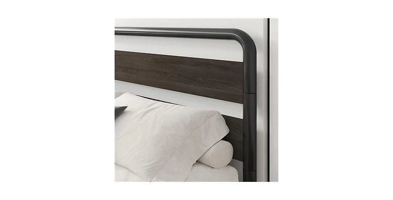 Heavy Duty Round Metal Frame Platform Bed with Wood Panel Headboard