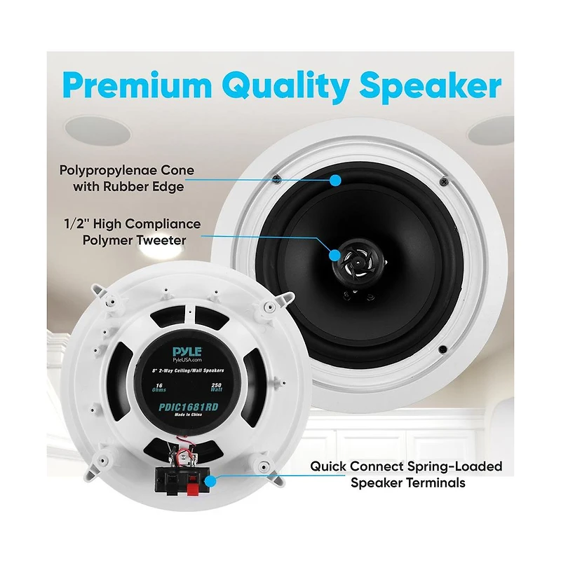 Pyle 8.0" In-Wall / In-Ceiling Speakers - 2-Way Flush Mount, 250W Max Power Output, Polypropylene Cone, High Compliance Polymer Tweeter