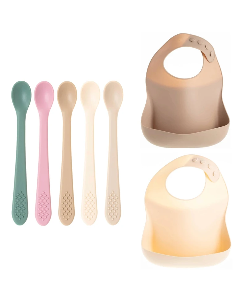 Sperric Toddler Silicone Feeding Set, Silicone Soft Durable, Easy-to-Clean Feeding Bib & Spoons Toddlers, Pink