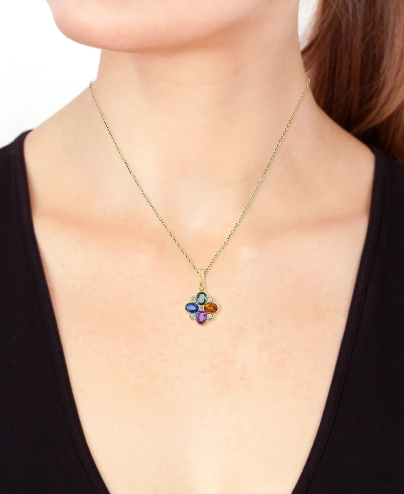 Effy Multi-Sapphire (7/8 ct. t.w.) & Diamond (1/10 ct. t.w.) Flower 18" Pendant Necklace in 14k Gold