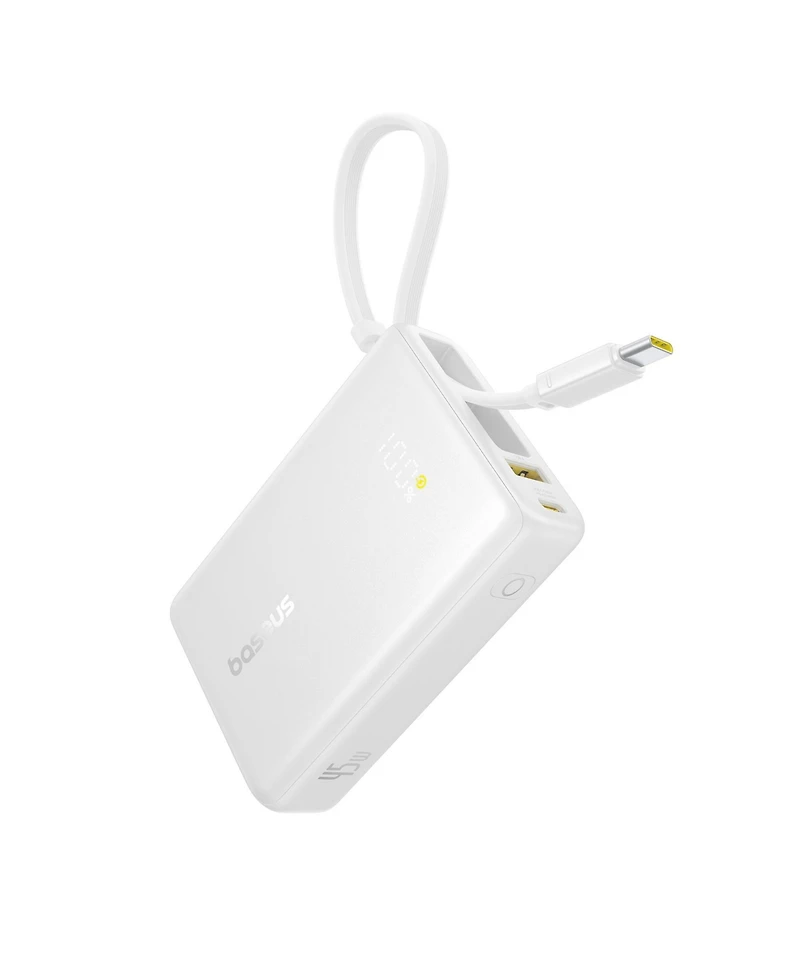 Baseus Power Bank, Picogo 10000mAh 45W 3-Output Portable Charger with Built-in Usb-c Cable, White